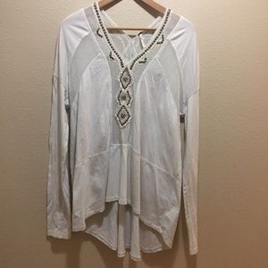 Free People Beaded Long Sleeve Boho White Blouse